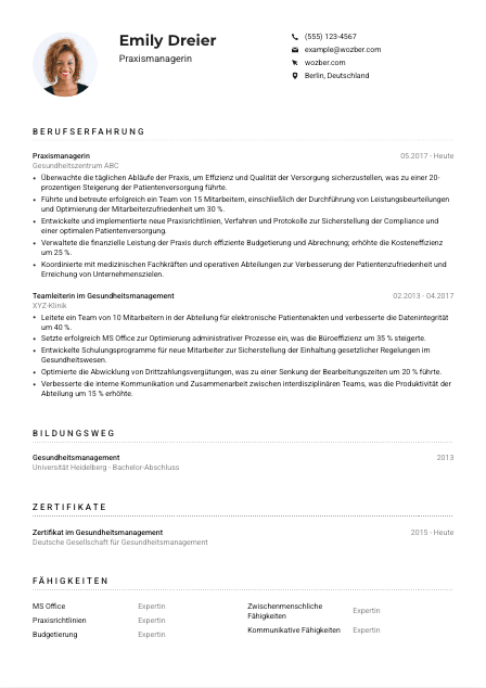 Lebenslauf-Muster für Praxismanager*in