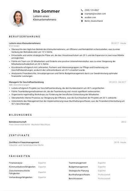 Lebenslauf-Muster für Leiter*in eines Kleinunternehmens