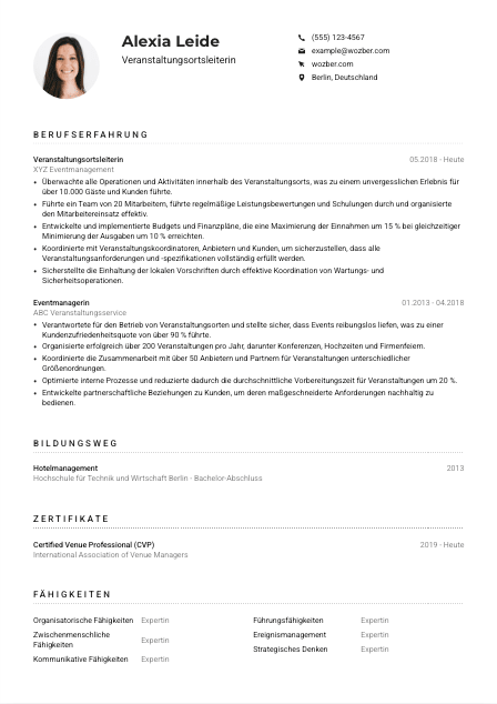 Lebenslauf-Muster für Veranstaltungsortsleiter*in