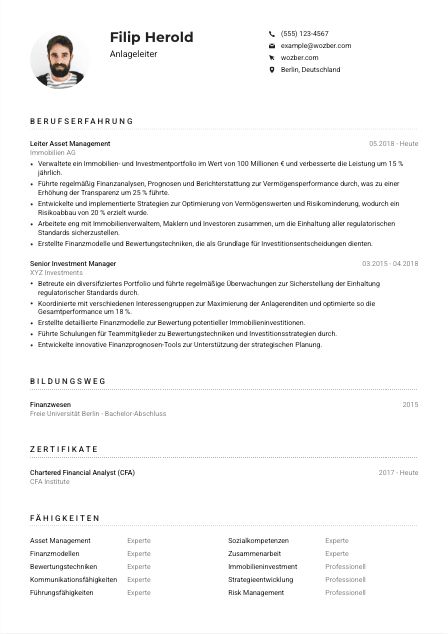 Lebenslauf-Muster für Anlageleiter*in