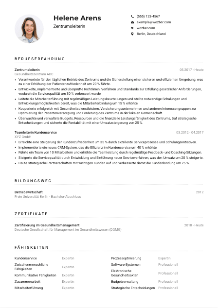 Lebenslauf-Muster für Zentrumsleiter*in
