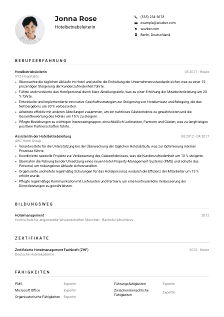 Lebenslauf-Muster für Hotelbetriebsleiter*in