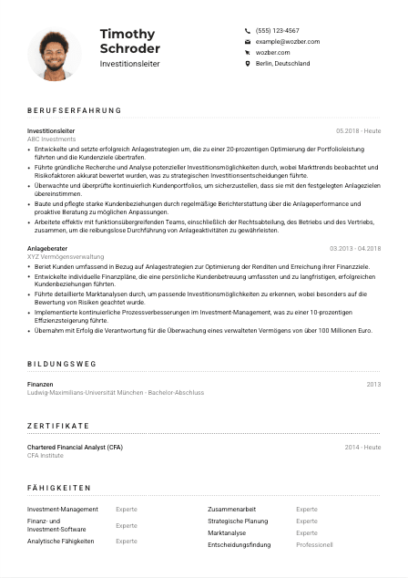 Lebenslauf-Muster für Investitionsleiter*in