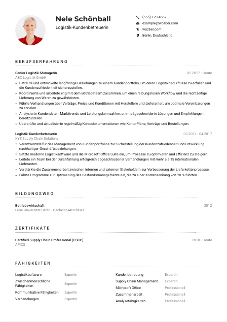 Lebenslauf-Muster für Logistik-Kundenbetreuer*in