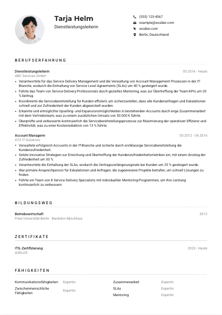 Lebenslauf-Muster für Dienstleistungsleiter*in