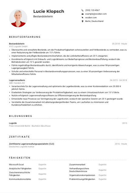 Lebenslauf-Muster für Bestandsleiter*in