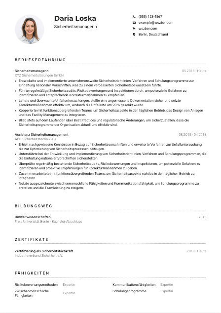 Lebenslauf-Muster für Sicherheitsmanager*in