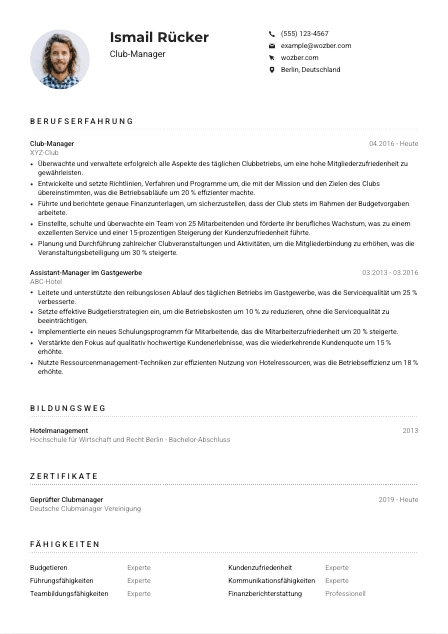 Lebenslauf-Muster für Club-Manager*in