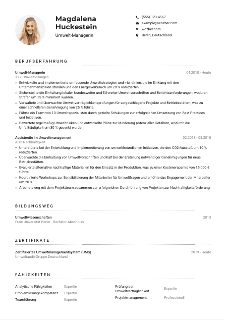 Lebenslauf-Muster für Umwelt-Manager*in