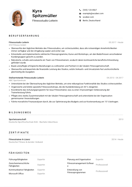 Lebenslauf-Muster für Fitnessstudio-Leiter*in