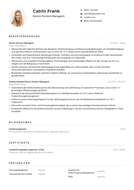 Lebenslauf-Muster für Rooms Division Manager*in