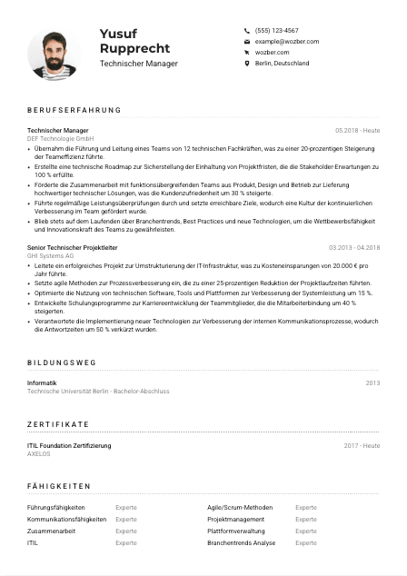 Lebenslauf-Muster für Technische*r Manager*in