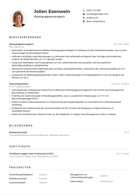 Lebenslauf-Muster für Warengruppenmanager*in