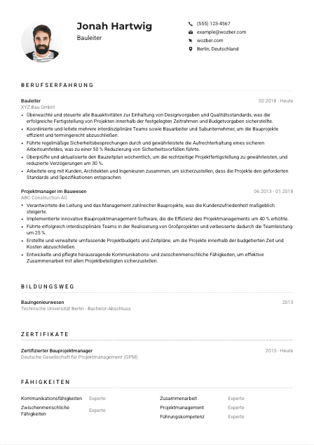 Lebenslauf-Muster für Bauleiter*in