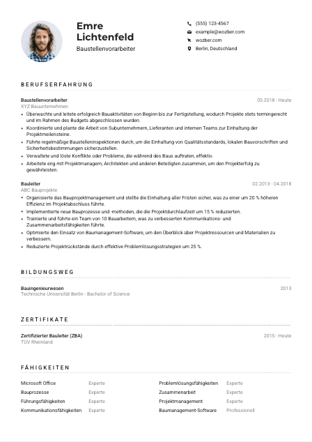Lebenslauf-Muster für Baustellenvorarbeiter*in