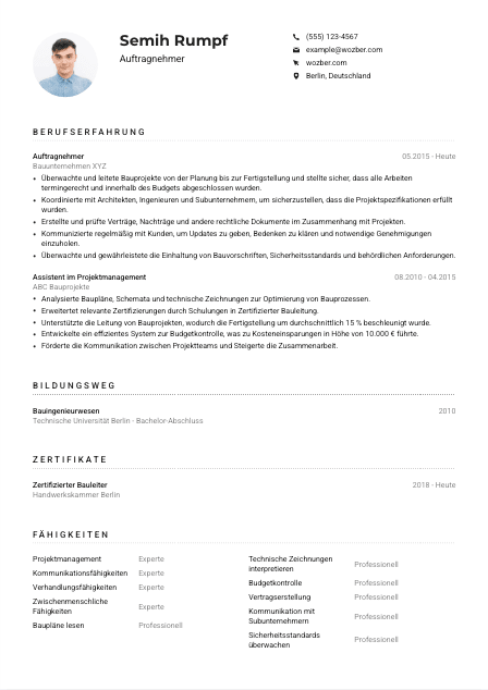 Lebenslauf-Muster für Auftragnehmer*in