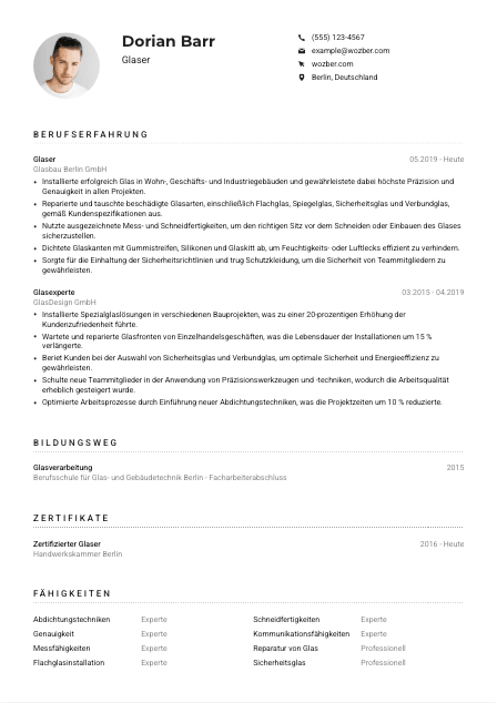 Lebenslauf-Muster für Glaser*in
