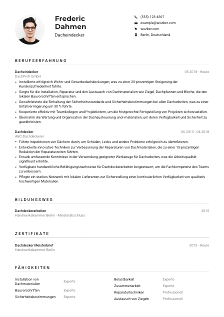 Lebenslauf-Muster für Dacheindecker*in