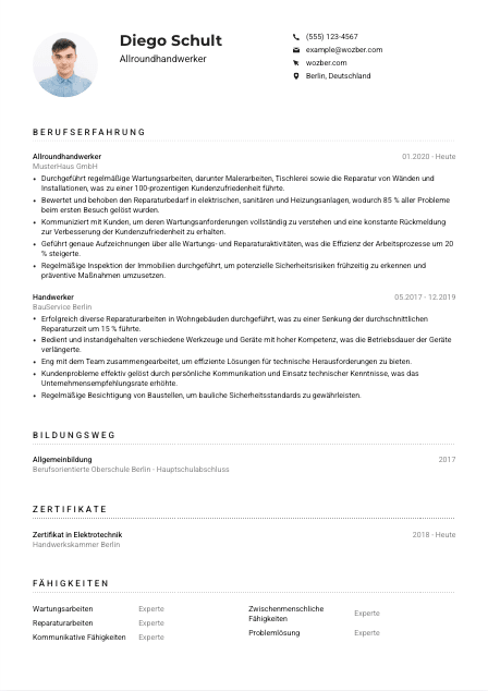 Lebenslauf-Muster für Allroundhandwerker*in