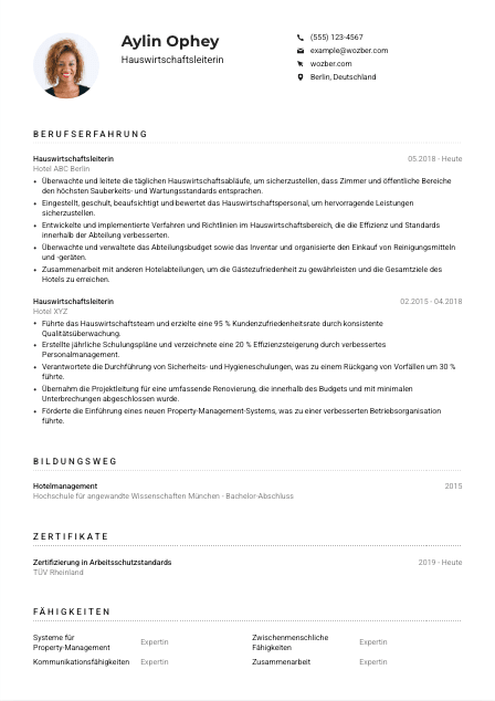 Lebenslauf-Muster für Hauswirtschaftsleiter*in