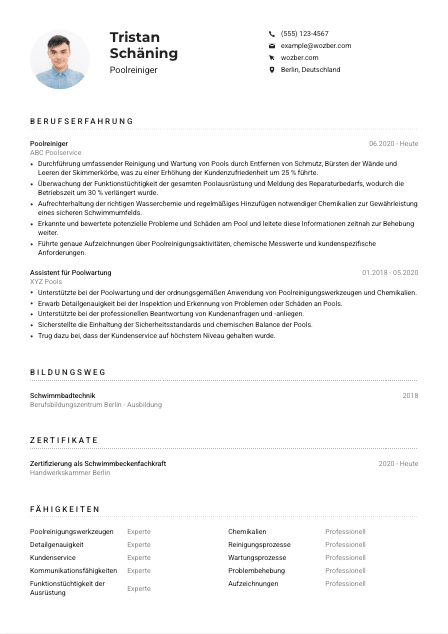 Lebenslauf-Muster für Poolreiniger*in