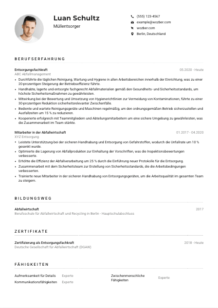Lebenslauf-Muster für Müllentsorger*in