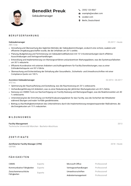 Lebenslauf-Muster für Gebäudemanager*in