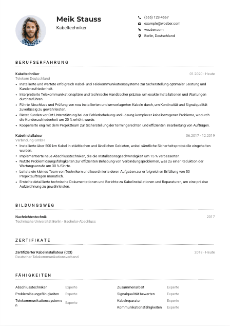 Lebenslauf-Muster für Kabeltechniker*in