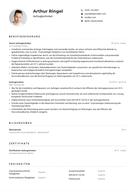 Lebenslauf-Muster für Aufzugtechniker*in