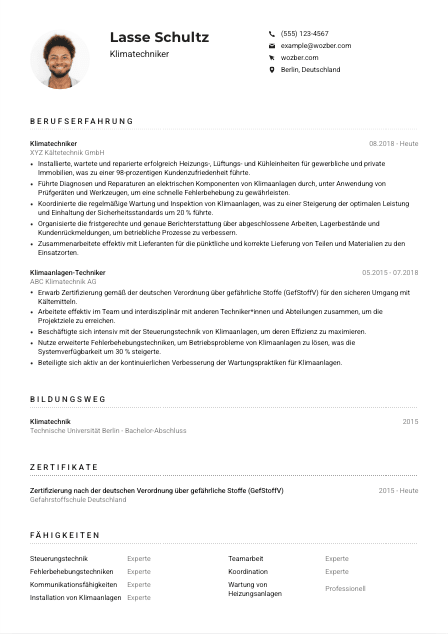 Lebenslauf-Muster für Klimatechniker*in