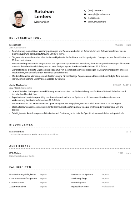 Lebenslauf-Muster für Mechaniker*in