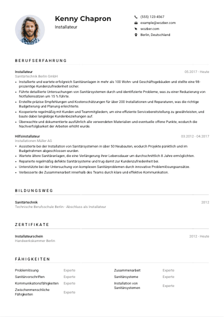 Lebenslauf-Muster für Installateur*in