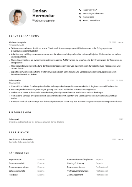 Lebenslauf-Muster für Werbeschauspieler*in