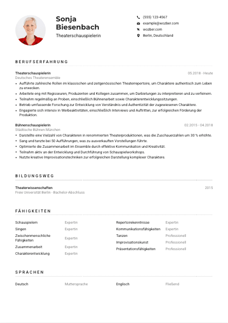Lebenslauf-Muster für Theaterschauspieler*in