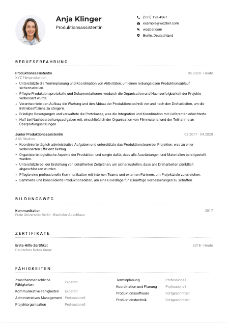 Lebenslauf-Muster für Produktionsassistent*in