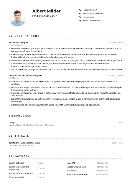 Lebenslauf-Muster für Produktionsdesigner*in