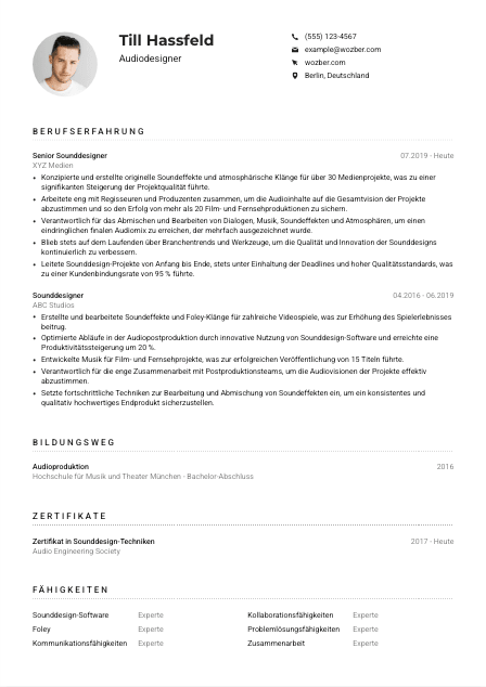 Lebenslauf-Muster für Audiodesigner*in