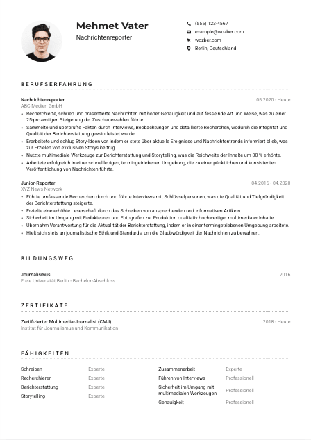 Lebenslauf-Muster für Nachrichtenreporter*in