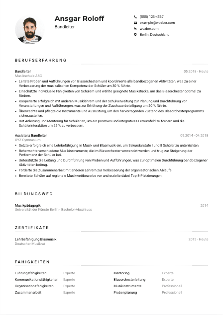 Lebenslauf-Muster für Bandleiter*in