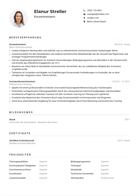 Lebenslauf-Muster für Konzertmeister*in