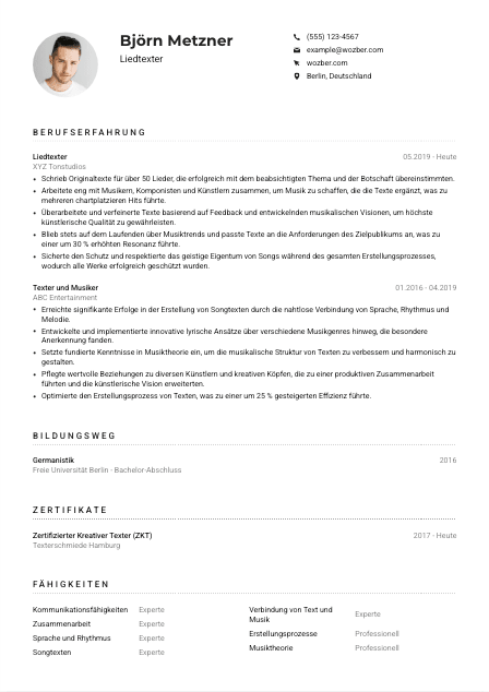 Lebenslauf-Muster für Liedtexter*in