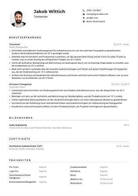 Lebenslauf-Muster für Tonmeister*in