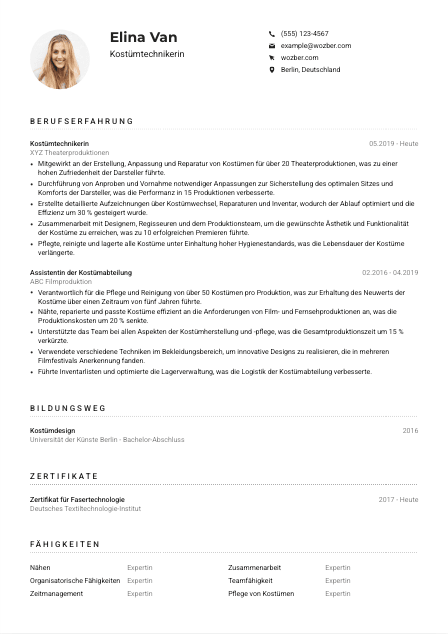 Lebenslauf-Muster für Kostümtechniker*in