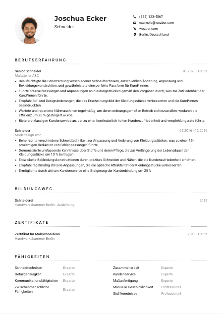 Lebenslauf-Muster für Schneider*in