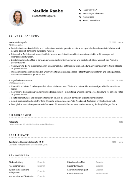 Lebenslauf-Muster für Hochzeitsfotograf*in