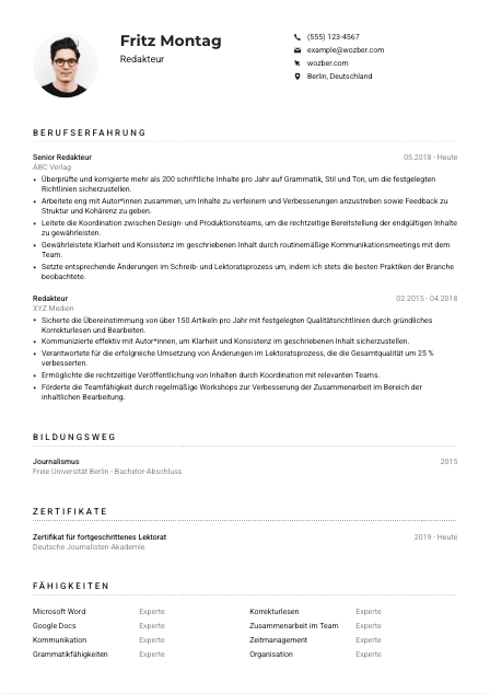 Lebenslauf-Muster für Redakteur*in