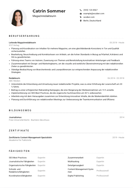 Lebenslauf-Muster für Magazinredakteur*in
