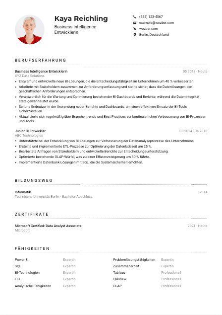 Lebenslauf-Muster für Business Intelligence Entwickler*in