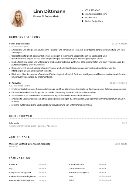 Lebenslauf-Muster für Power BI Entwickler*in