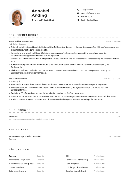 Lebenslauf-Muster für Tableau Entwickler*in